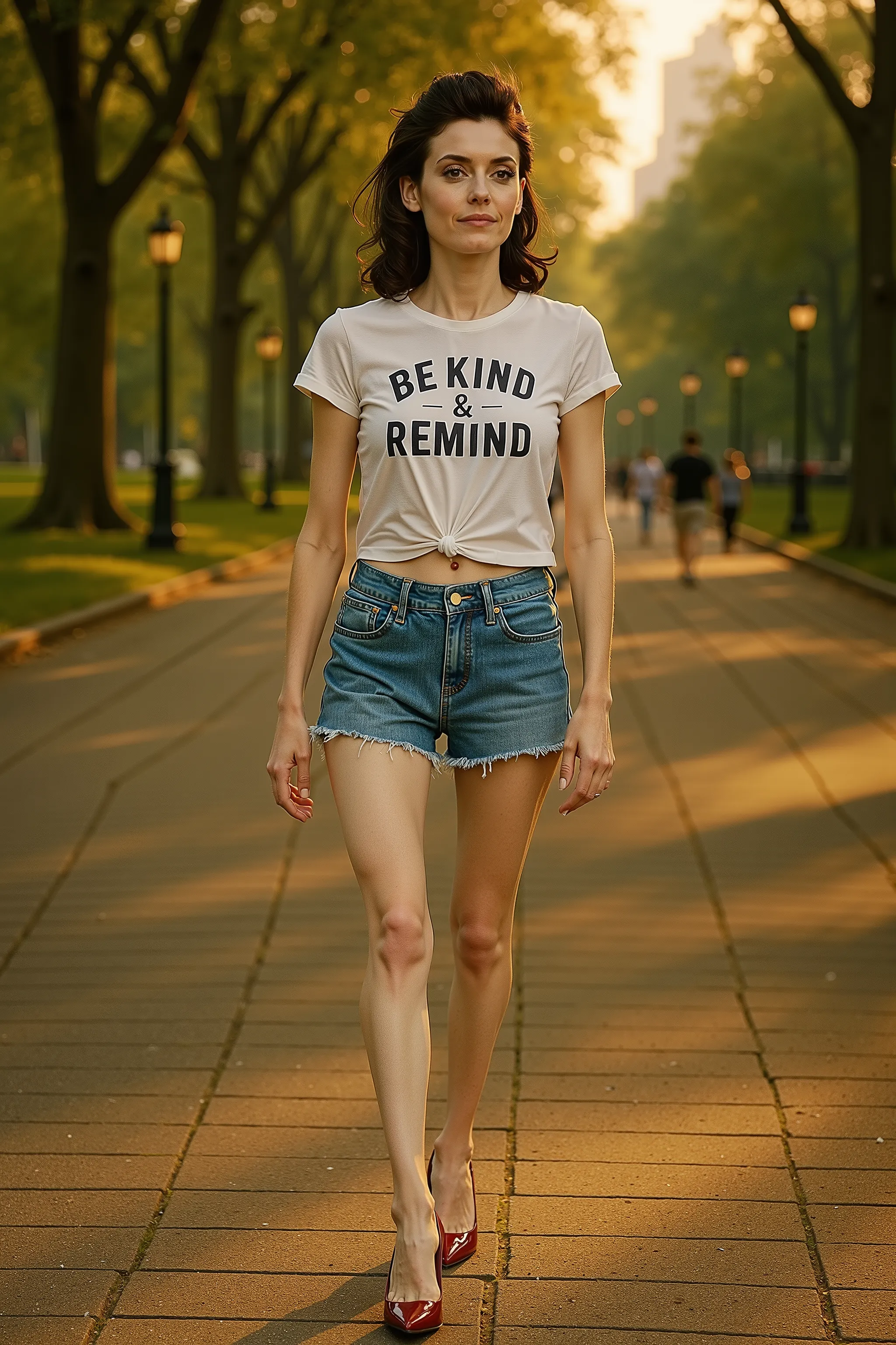 A confident and slender woman walking outdoors on a paved park path during golden hour. She has fair skin with a soft warm undertone, and long skinny legs with visible knees and delicate ankles. Her face is angular with defined cheekbones, a straight nose,...