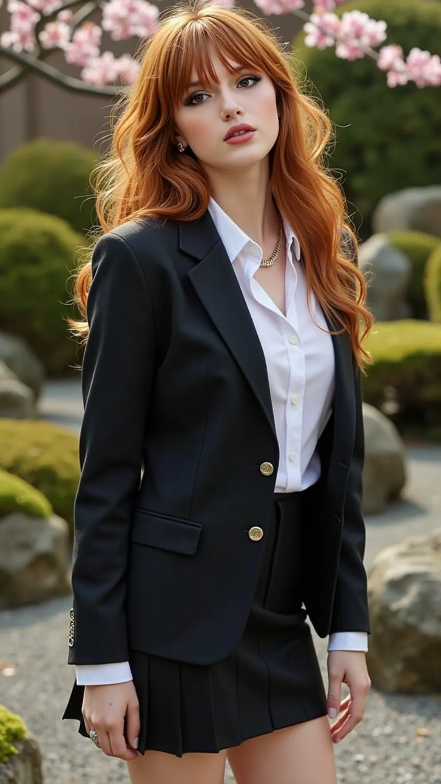 🌟: High-Fashion photography (8K Cinematic Shot)
Long side shot, Full-body shot from a moderate distance, kopf bis fuß, Fashion editorial head-to-toe shot, Full-figure photo
"Ouran High Host Club" - Schicker Blazer-Hosen/Rock Uniform
Die Uniform hat eine markante hellblaue Farbe und ist aus einem edlen Material wie Wolle gefertigt. Der Schnitt besteht aus einem gut sitzenden Blazer mit Revers und einer dazu passenden Hose oder einem Rock. Ein weißes Hemd und eine Krawatte mit Schulwappen sind die Standard-Accessoires. Das Design ist stilvoll und gepflegt und erzeugt eine charmante und selbstbewusste Stimmung.
 💋"Looks like 'Bella' young, fresh, flirty – hourglass curves poured into silk, red hair, messy hair, smoldering smokey eyes, wild bedroom mane cascading over bare shoulders. Lips parted, daring you to stare." 
💃 Fashion editorial head-to-toe shot, dynamische posen, 
„Verlockende Beugung“ sinnliche Pose, canvas Pose, model lehnt mit verschränkten Armen an einer Laterne, die brüste werden angehoben – der Blick geht direkt in die Kamera, während das Dekolleté betont wird. perfect brest, big , perfact ass 
☯️ "Stein & Stille"
Ein perfekt arrangierter Kare-san-sui (Zen-Garten) mit fein gerechten Linien im Kies, umgeben von moosbewachsenen Felsen – ein Ort der absoluten Harmonie.
🌿 Zen-Oase
"Ein stiller Teich, umgeben von moosbewachsenen Steinen und zart flatternden Kirschblütenzweigen."
🎥 :
    Hasselblad H6D + 50mm f/2.8
    8K motion blur at 1/250s
    Dual lighting: Cold moon fill + warm city uplight
    Color grade: Teal shadows, cyan midtones, gold highlights
