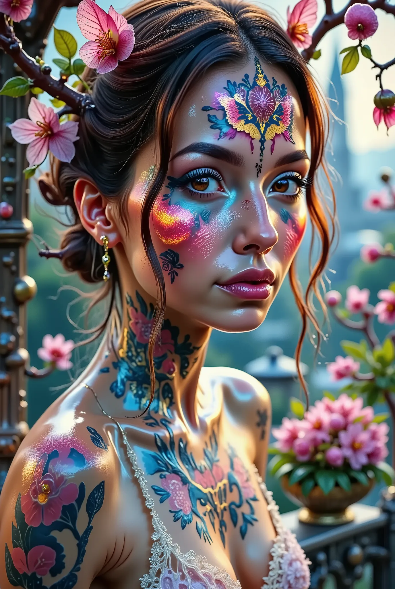 add perfect detail max, add gloss on the whole image, Add a delicate touch Glowing Sakura Style to all flowers. ( Prompt negativo: deformed hands, disfigured face, extra limbs, poorly drawn eyes, missing fingers, blurry, bad anatomy, ugly, low quality, wor...