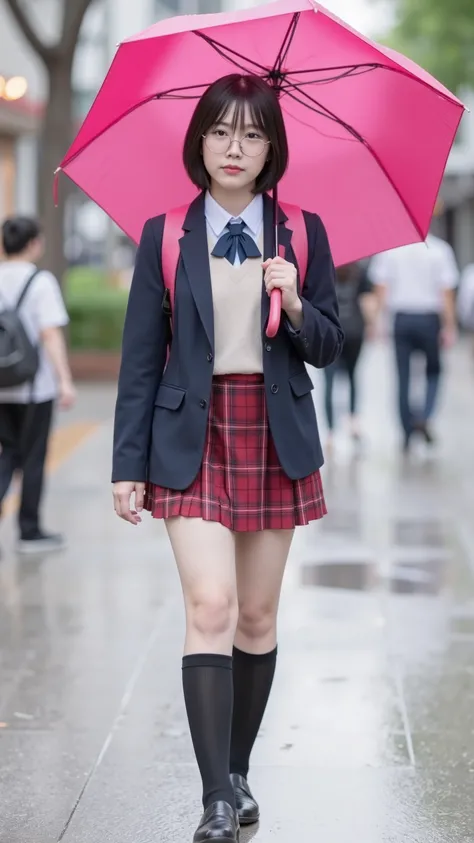 best quality, masterpiece, 8k, ultra high res, finely detail, 1 high school girl, Japanese, no makeup, short bob with bangs, completely black hair, realistic, real human skin, anatomically correct, round glasses, busty, thick thighs, young, ager, round fa...