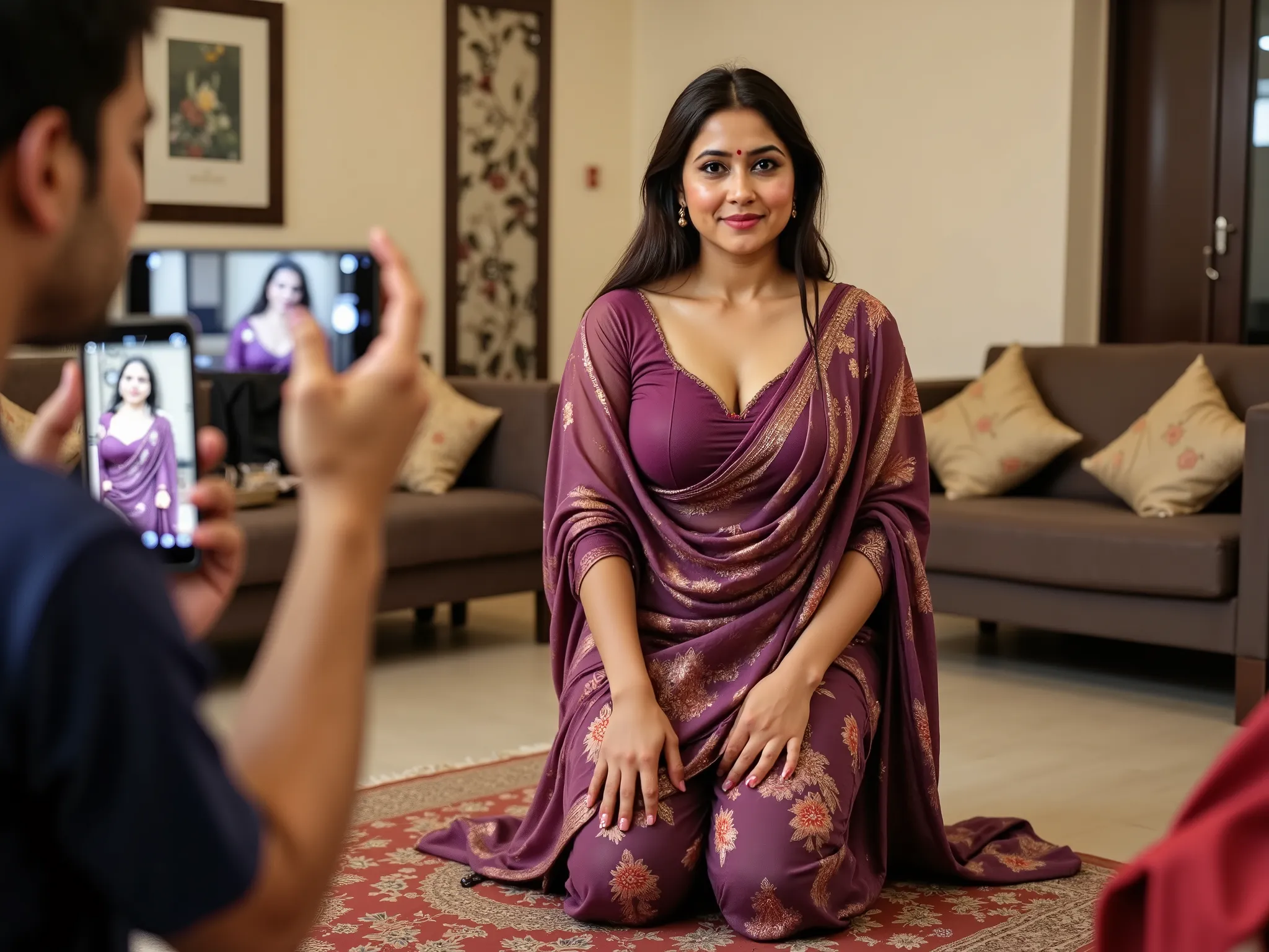 Candid color photo of a beautiful Indian woman. The woman is a 38year old beautiful Indian woman, with luscious long dark hair, beautiful eyes, fair skinned, very beautiful face, motherly, cute face, generously naturally busty with natural sagging breasts,...