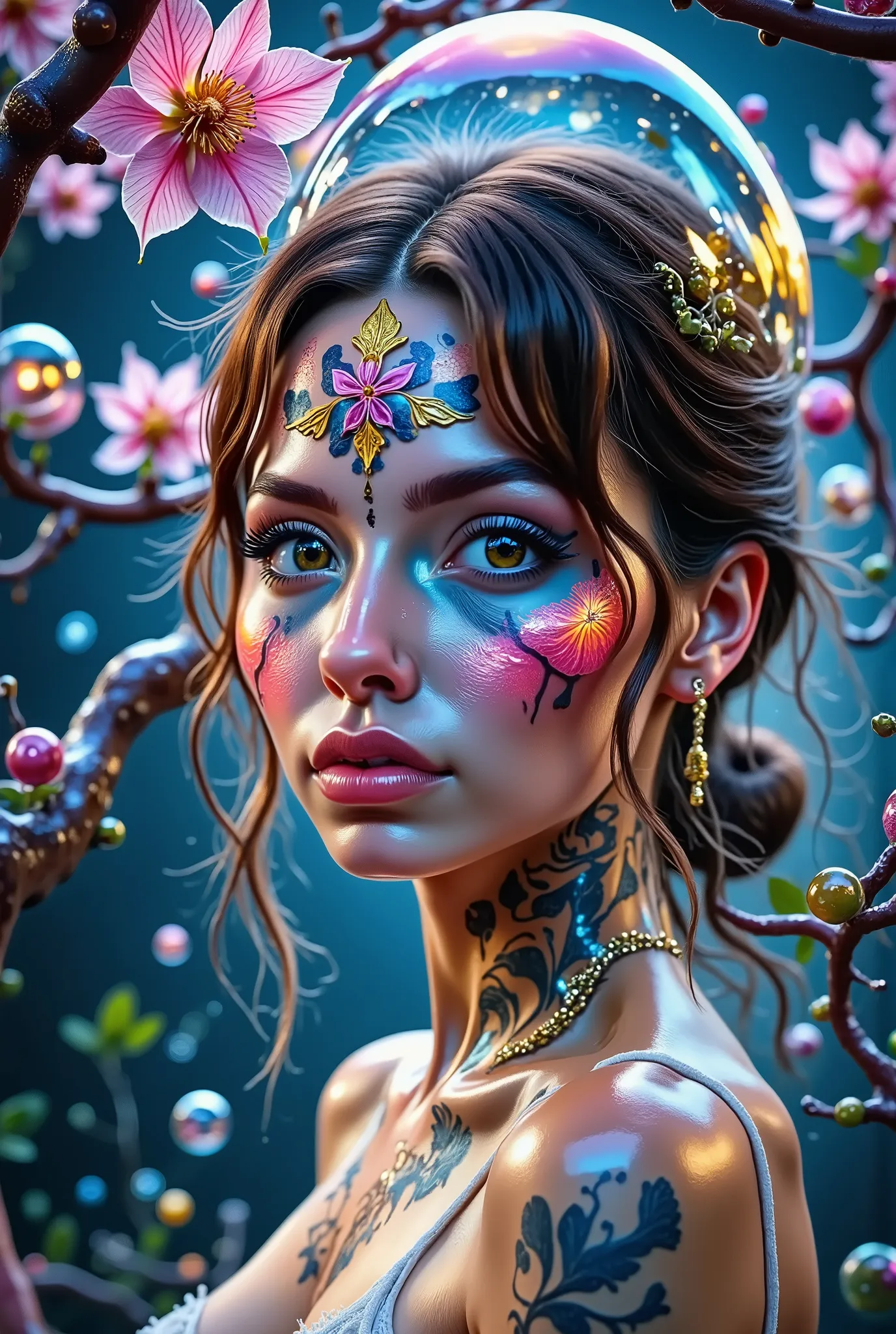 add perfect detail max, add gloss on the whole image, Add a delicate touch Glowing Sakura Style to all flowers. ( Prompt negativo: deformed hands, disfigured face, extra limbs, poorly drawn eyes, missing fingers, blurry, bad anatomy, ugly, low quality, wor...