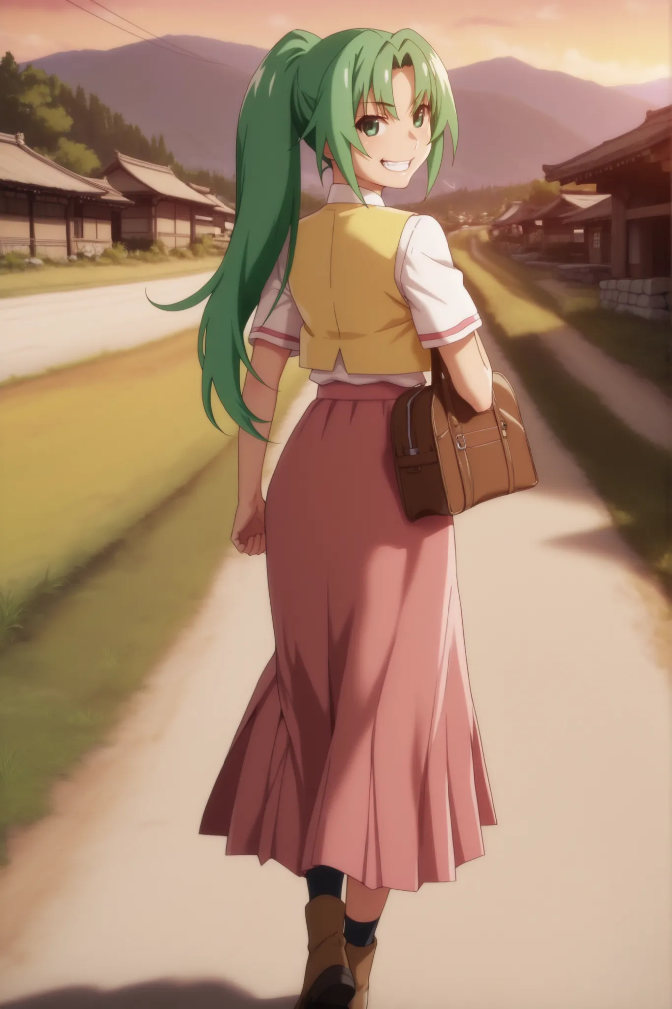 (masterpiece), absurdres,best quality,amazing quality, outdoors, japanese village, country road, summer, evening, dutch angle, from behind, Mion Sonozaki (character), sonozaki mion, 1girl, solo, long hair, green hair, green eyes, looking back, grin, ponyta...