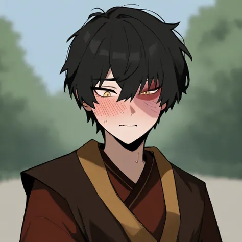 masterpiece, best quality, newest, absurdres, highres,
man, solo, zuko, black hair,  yellow eyes, scar across eye, upper body, outdoors, embarrassed 