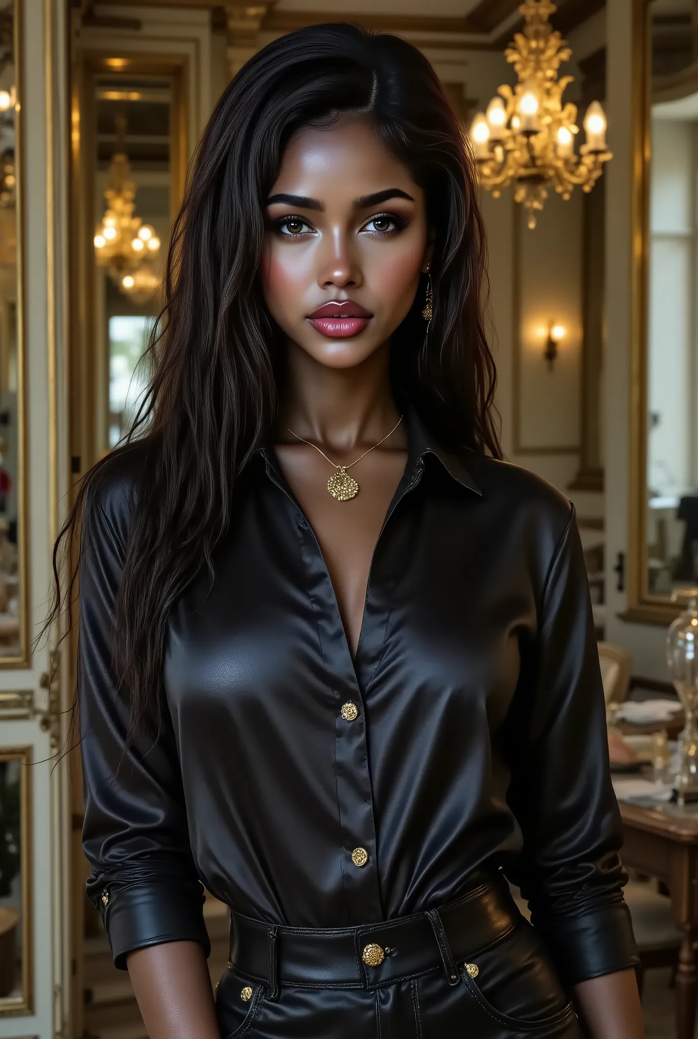 woman in mulbery shirt and black pants posing in a room, silk, satin, black, inspiration, onyx, amber, anja millen, wearing silk, close portrait, essence, victoria, portrait, classic portrait, elegant style, detailed realistic skin texture, realskin, silky...