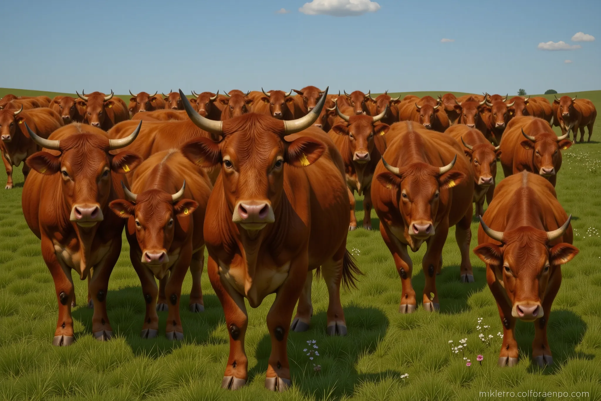 A realistic image of a herd of red cattle in a green pasture under a blue sky.
