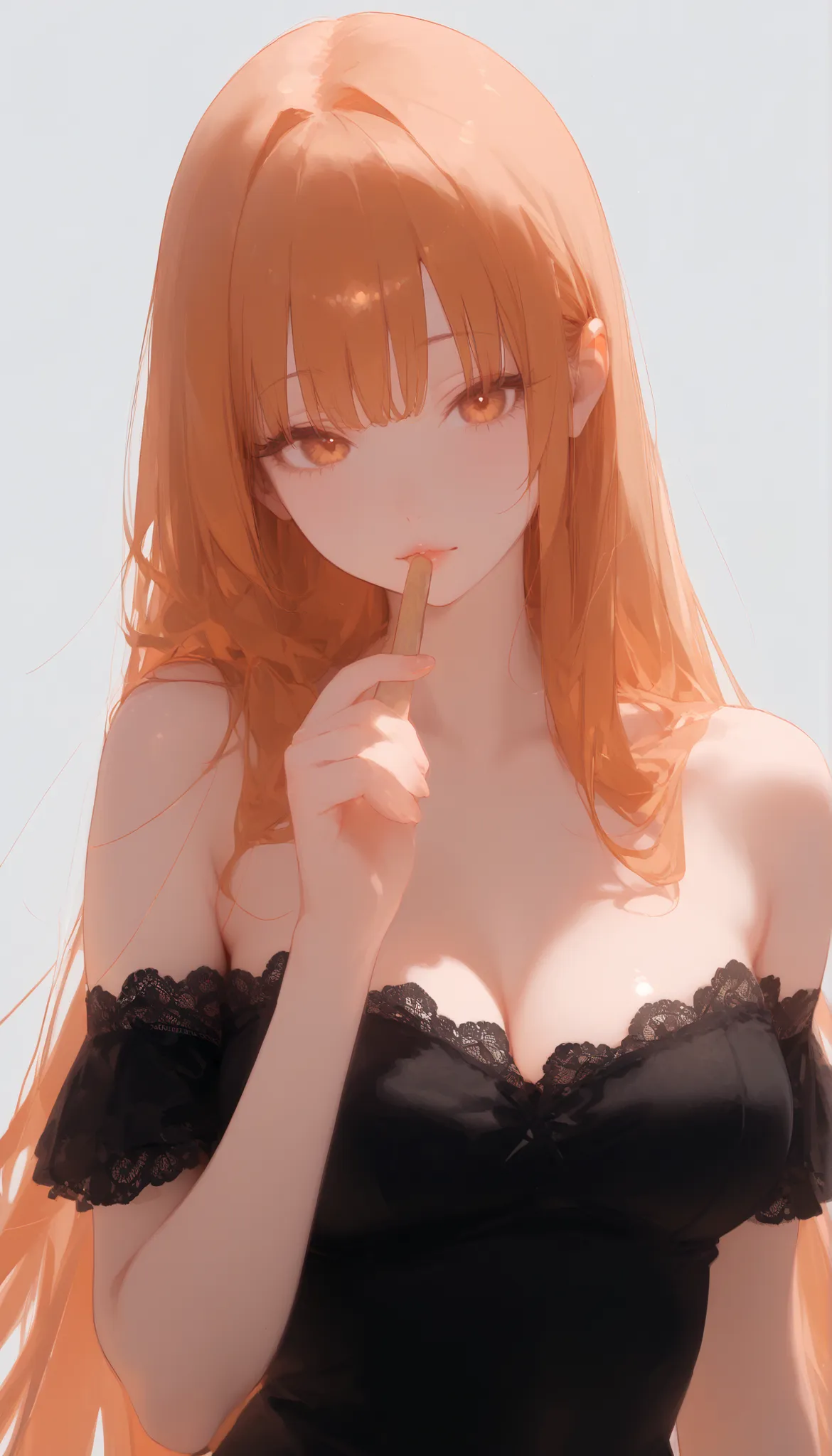 1woman, Alone, super long hair, Orange gradient hair, The gesture of brushing back bangs with the right hand, clear skin, bare shoulder, lace blouse, large breasts, skiny, Gaze upwards, Simple background, Black and white background, upper body, Sexy lips, ...