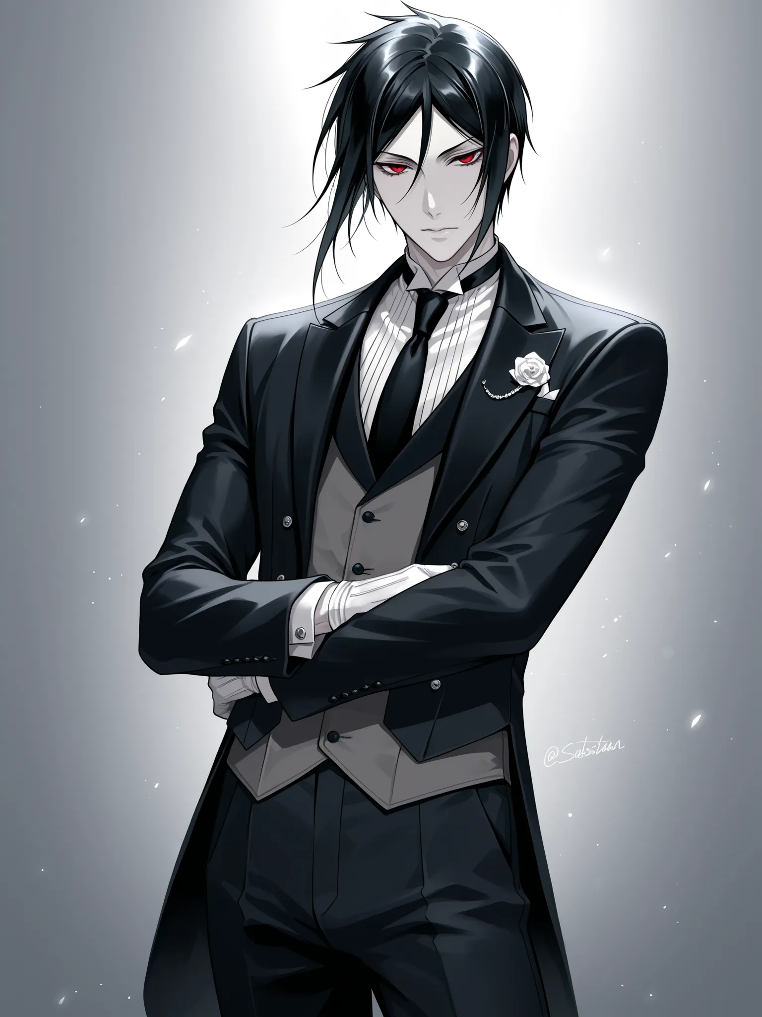 bishounen, tsurime, sebastian michaelis, high quality, red eyes, pale skin, black hair, mature male, tall, detailed suit and tie, posing,