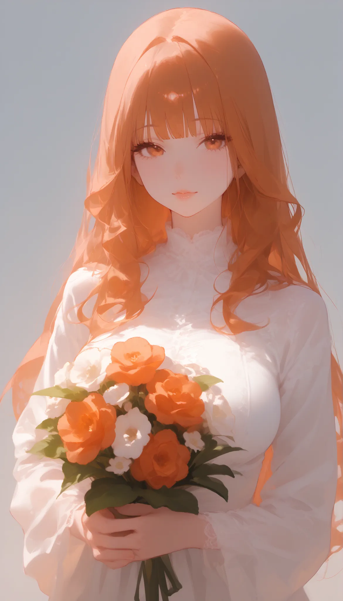1woman, Alone, super long hair, Orange gradient hair, clear skin, lace blouse, large breasts, skiny, Gaze upwards, Simple background, Black and white background, upper body, Sexy lips, Glossy lips, holding a bouquet of flowers