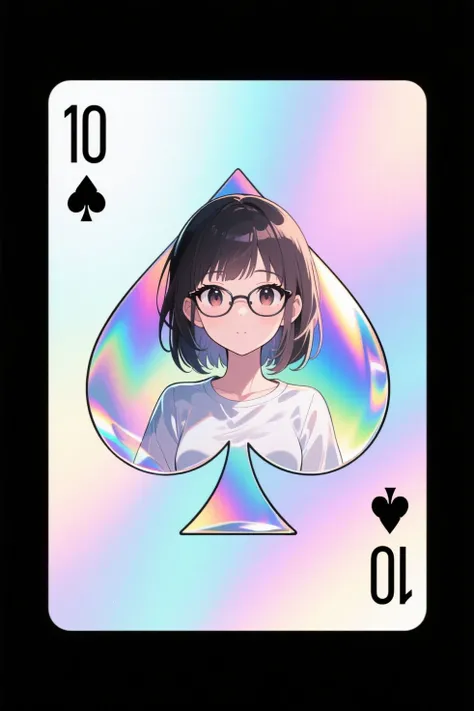 A ten of iridescent spades playing card depicting a plain girl wearing glasses, anime style