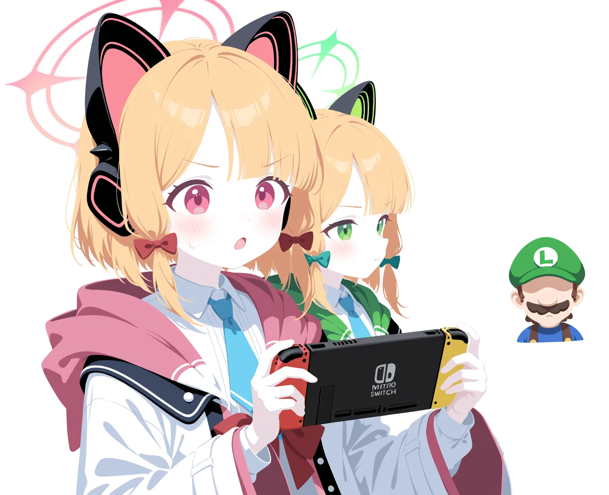 midori \(blue archive\), twins, multiple girls, 2girls, siblings, sisters, momoi \(blue archive\), green eyes, headphones, blonde hair, animal ears, necktie, fake animal ears, bow, hair bow, blue necktie, animal ear headphones, shirt, handheld game console...