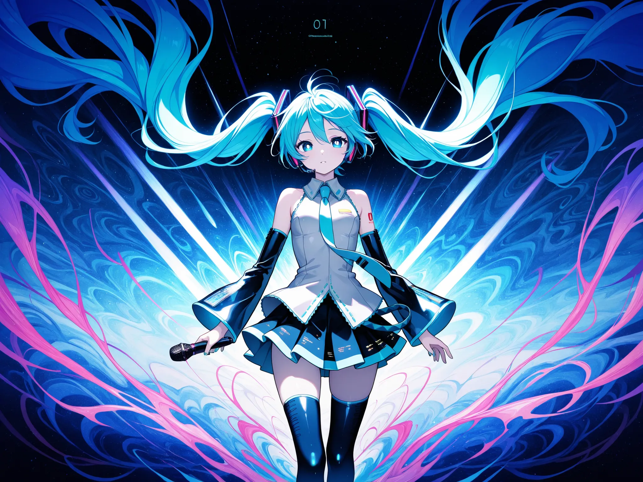 1girl, hatsune miku, white pupils, power elements, microphone, vibrant blue color palette, abstract,abstract background, dreamlike atmosphere, delicate linework, wind-swept hair, energy
,masterpiece,best quality,amazing quality,