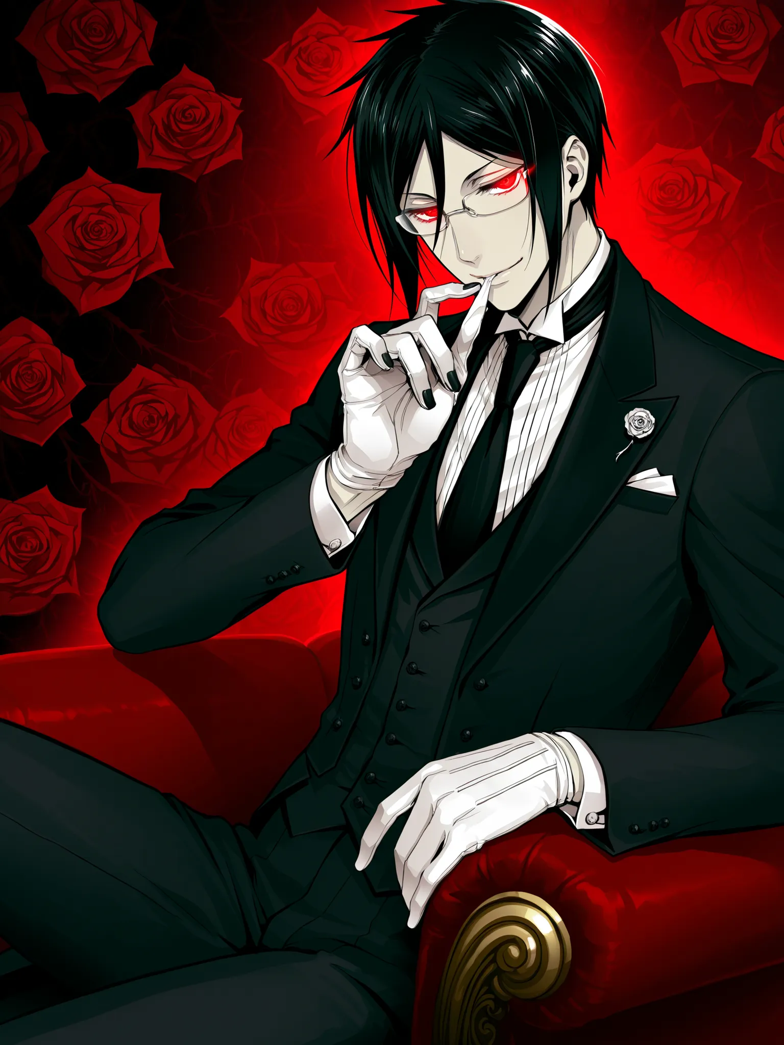 sebastian michaelis, solo 1boy, glowing, light smile, gloves, buttons, collared shirt, glowing eyes, male focus, black nails, necktie, suit, hair between eyes, tuxedo shirt, jitome, victorian, butler, biting, short hair, glasses, butler outfit, from front ...