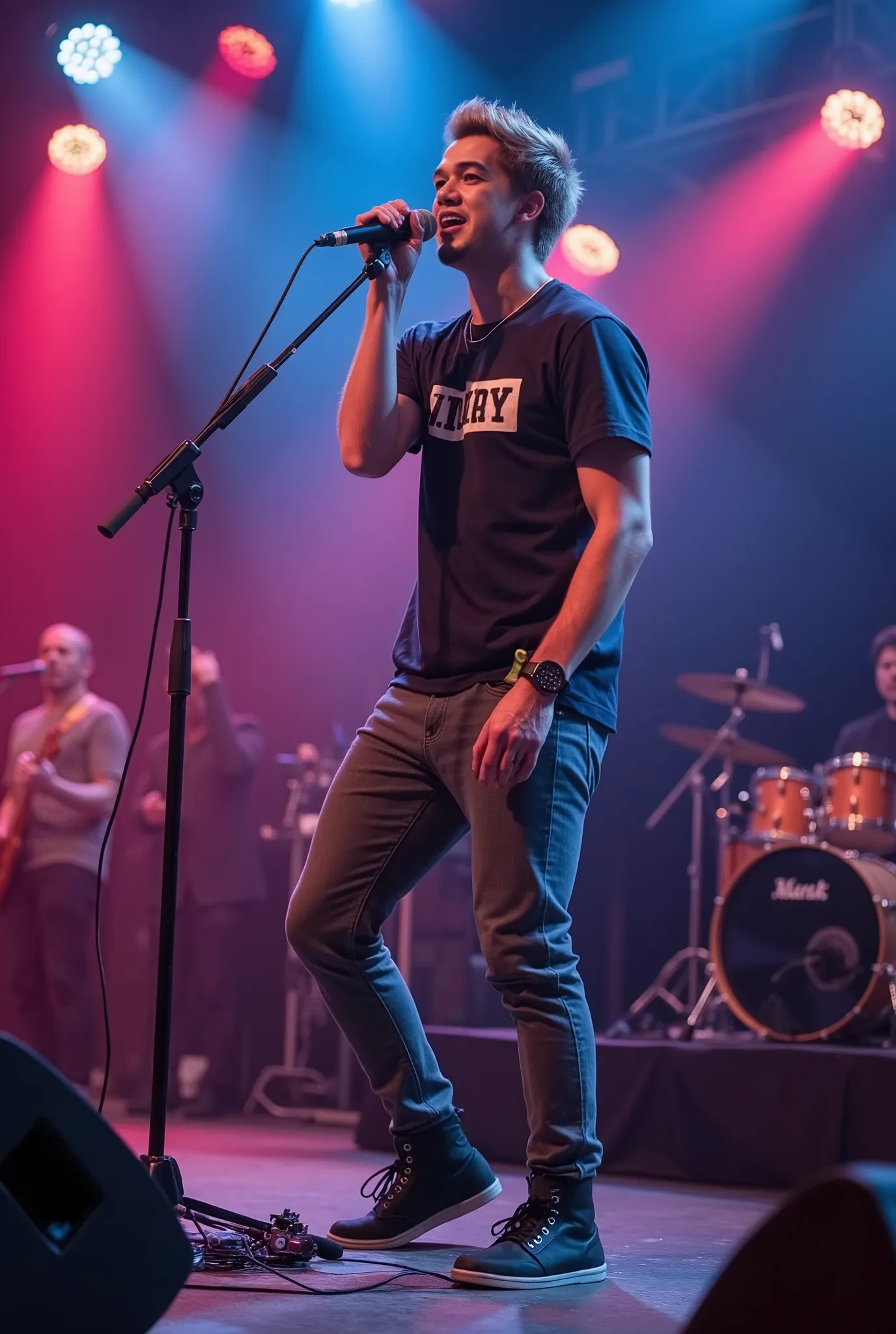 Um homem bonito e loiro cantando, They wear casual clothes and display a genuine smile, clearly engaged and happy with the moment. In the background, the show stage is visible, illuminated by professional lights, creating a vibrant and dynamic environment...