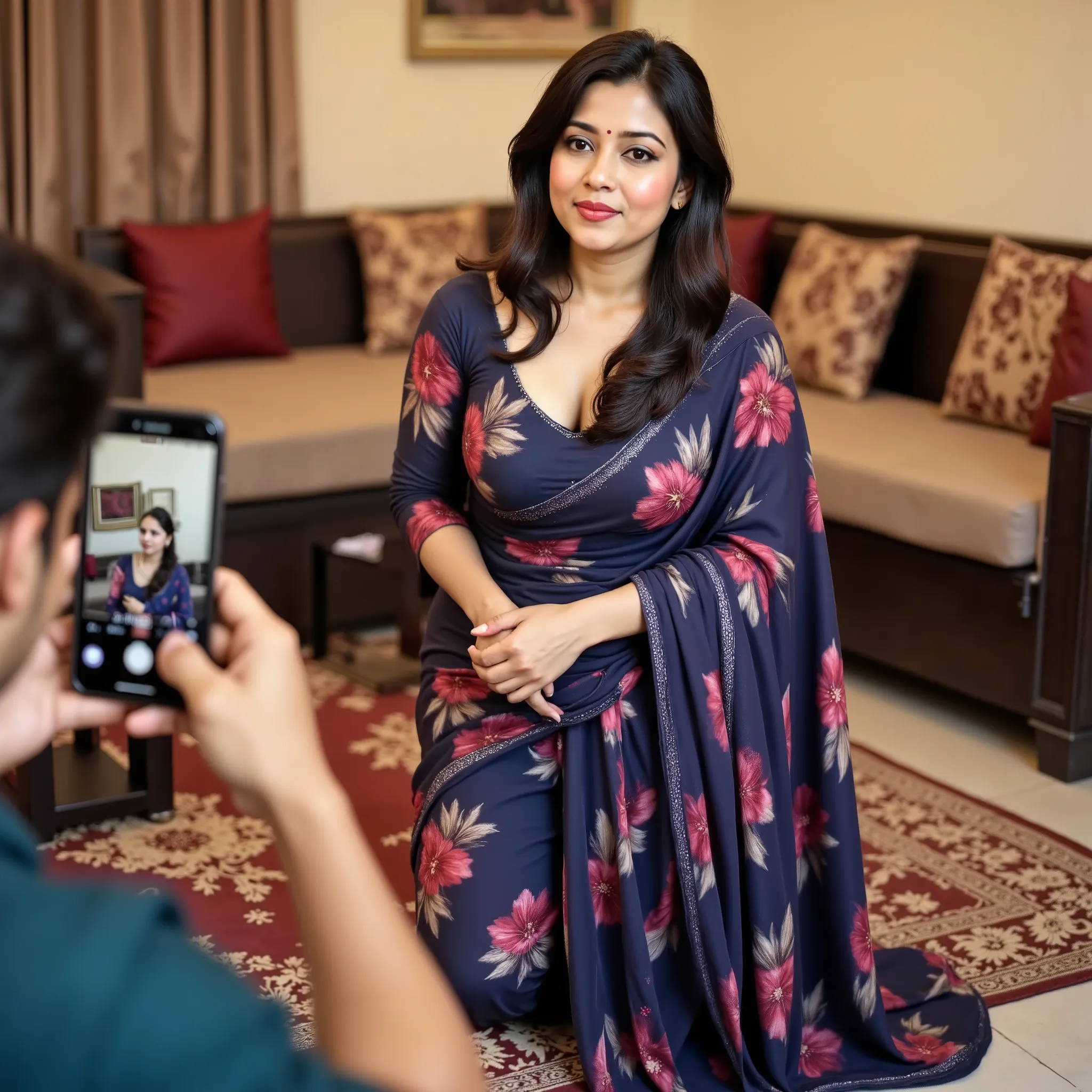 Candid color photo of a beautiful Indian woman. The woman is a 38year old beautiful Indian woman, with luscious long dark hair, beautiful eyes, fair skinned, very beautiful face, motherly, cute face, generously naturally busty with natural sagging breasts,...