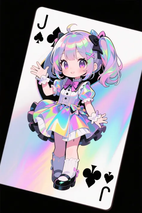 A Jack of iridescent Spades playing card with a cute, dressed up chibi girl, anime style