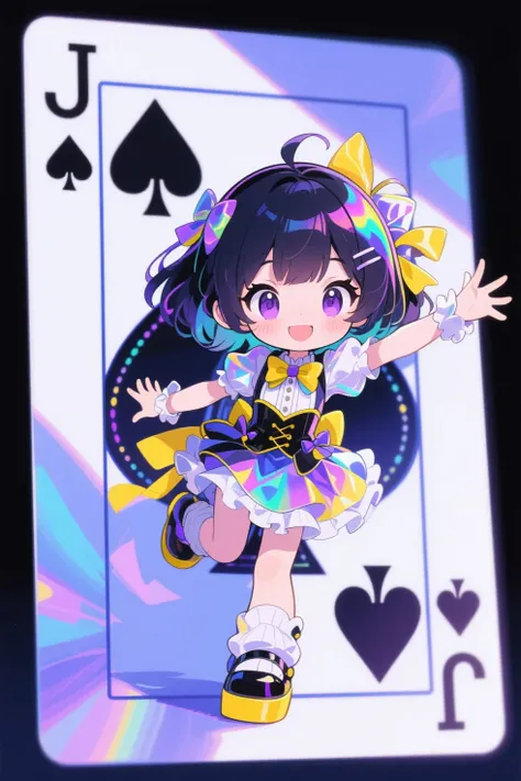 A Jack of iridescent Spades playing card with a cute, dressed up chibi girl, anime style