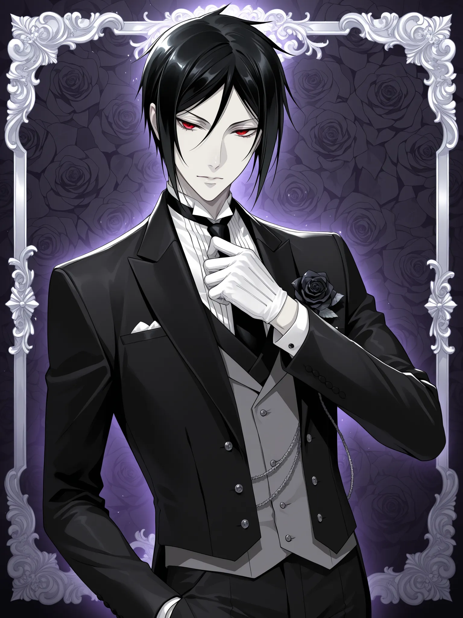 bishounen, tsurime, sebastian michaelis, high quality, red eyes, pale skin, black hair, mature male, tall, detailed suit and tie, posing, black rose background