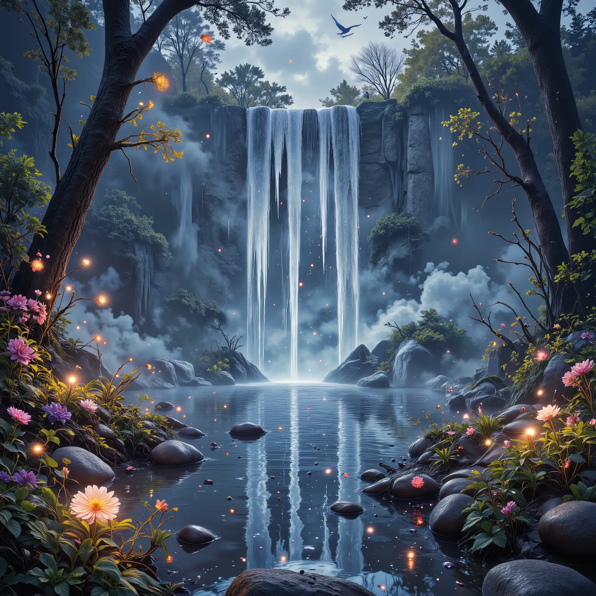 masterpiece, ultra-detailed, glowing fingertips, biomechanical hands, reflective metals, crystal-clear waterfall, surreal neoflowers, atmospheric mist, trees, wind movement, birds, soft dreamlike atmosphere, watercolor effect, ethereal glow, mystical light...