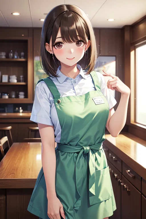  smile,  mouth,(pastel green tie   ),( in a short-sleeved white shirt ), (A pastel green apron from the waist down), ( was draped over a pastel green high-waisted skirt), restaurant background,,  short bob,  black hair,kitchen、Hotels、

,( masterpiece, best quality, high resolution, ultra high resolution, pixel perfect, depth of field, 4K, RTTX10.0),
、Anegasaki Nene, shiny brown hair, beautiful brown eyes, smiling face, sparkling pupils, (fine grain), , highly detailed face,, (masterpiece:1.2, best quality), ((only1 girl)), ((cowboy shot))