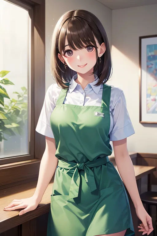  smile,  mouth,(pastel green tie   ),( in a short-sleeved white shirt ), (A pastel green apron from the waist down), ( was draped over a pastel green high-waisted skirt), restaurant background,,  short bob,  black hair,kitchen、Hotels、

,( masterpiece, best quality, high resolution, ultra high resolution, pixel perfect, depth of field, 4K, RTTX10.0),
、Anegasaki Nene, shiny brown hair, beautiful brown eyes, smiling face, sparkling pupils, (fine grain), , highly detailed face,, (masterpiece:1.2, best quality), ((only1 girl)), ((cowboy shot))