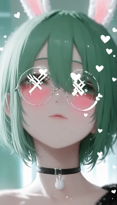 1girl, solo, animal ears, rabbit ears, choker, glasses, round eyewear, green hair, short hair, looking at viewer, hair between eyes, portrait, heart, blurry, bangs, black choker 