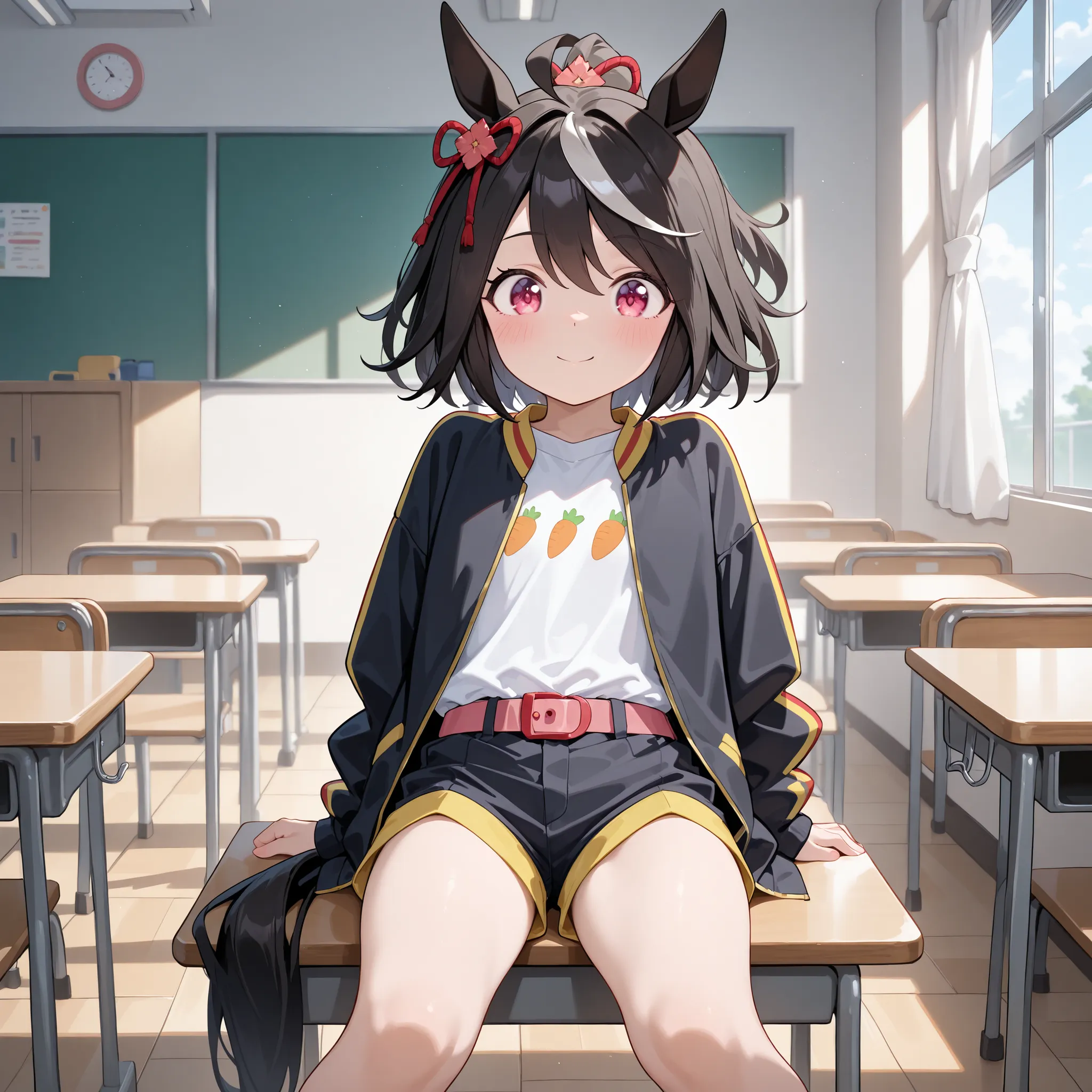 masterpiece, Highest Quality, very aesthetic, wacky clothes, 1 girl on break day, solo,  kbyoung, Horse Girl, black hair, hair ornament,  jacket, printed shirt, belt, shorts, Classroom,  completely naked,