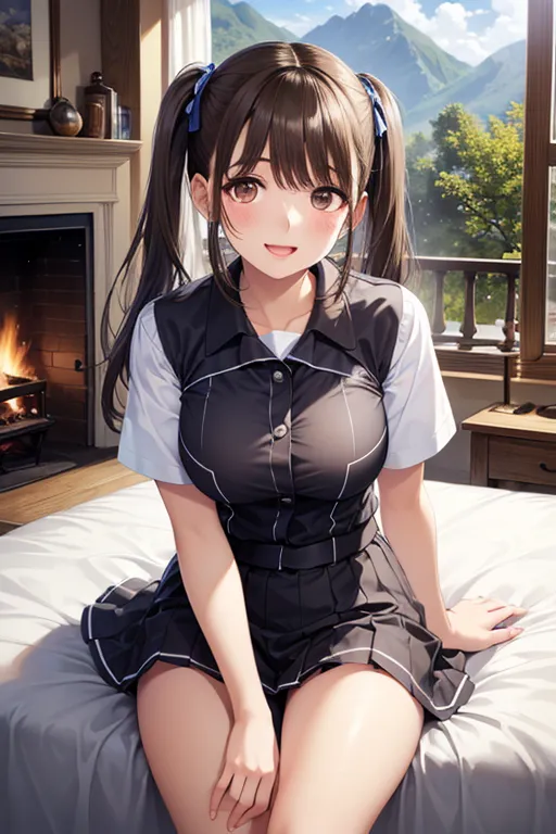 masterpiece, Highest Quality, masterpiece, Highest Quality, ((( Top Grade Graphics))), (kind expression), Cartoonish, sitting in a chair, Woman Sleeping With Her Eyes Closed, rough clothes , twin tails,  Untidy Appearance , with slightly open mouth, happy smile, bed, plush,  night , (Nature in a Window ), Half landscape painting ,  Gold, treehouse, (fireplace),  、

,( masterpiece, best quality, high resolution, ultra high resolution, pixel perfect, depth of field, 4K, RTTX10.0),
、Anegasaki Nene, shiny brown hair, beautiful brown eyes, smiling face, sparkling pupils, (fine grain), , highly detailed face,, (masterpiece:1.2, best quality), ((only1 girl)), ((cowboy shot))