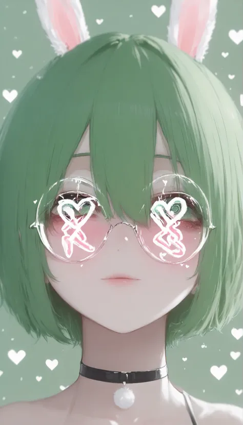 1girl, solo, animal ears, rabbit ears, choker, glasses, round eyewear, green hair, short hair, looking at viewer, hair between eyes, portrait, heart, bangs, black choker 