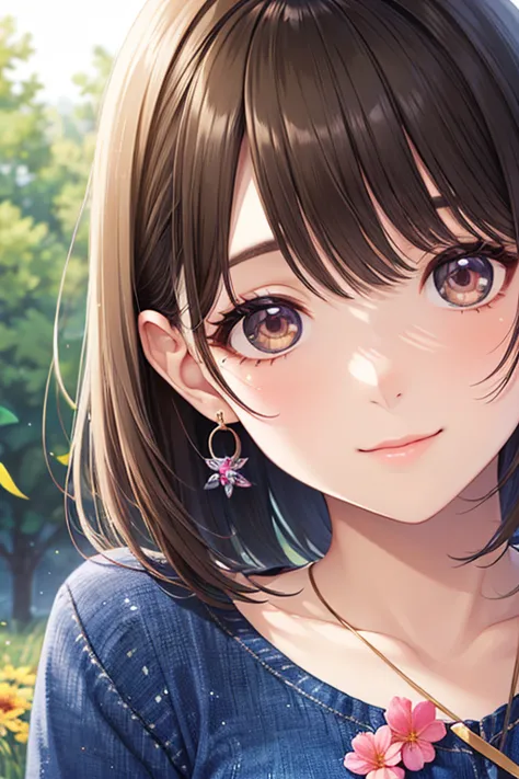 (masterpiece, Highest Quality, 8k, high definition), young woman, beautiful face, thin, slender, length, Beautiful Brown Eyes, pink lips, Beautiful Nose, Brown black bob hair , perfect face , small perfect style, close your mouth and smile, earrings, colorful length sleeve t-shirt, blue denim skinny pants, black sneakers,  Taking Selfies with Smartphones, Prairie and Forest, walk, colorful flowers blooming in the field々々, bright night with stars clearly visible,   Milky Way,   Highly Detailed Anime Art ,  perfect art ,  digital illustration art , upper body close-up,   ,
.   、

,( masterpiece, best quality, high resolution, ultra high resolution, pixel perfect, depth of field, 4K, RTTX10.0),
、Anegasaki Nene, shiny brown hair, beautiful brown eyes, smiling face, sparkling pupils, (fine grain), , highly detailed face,, (masterpiece:1.2, best quality), ((only1 girl)), ((cowboy shot))