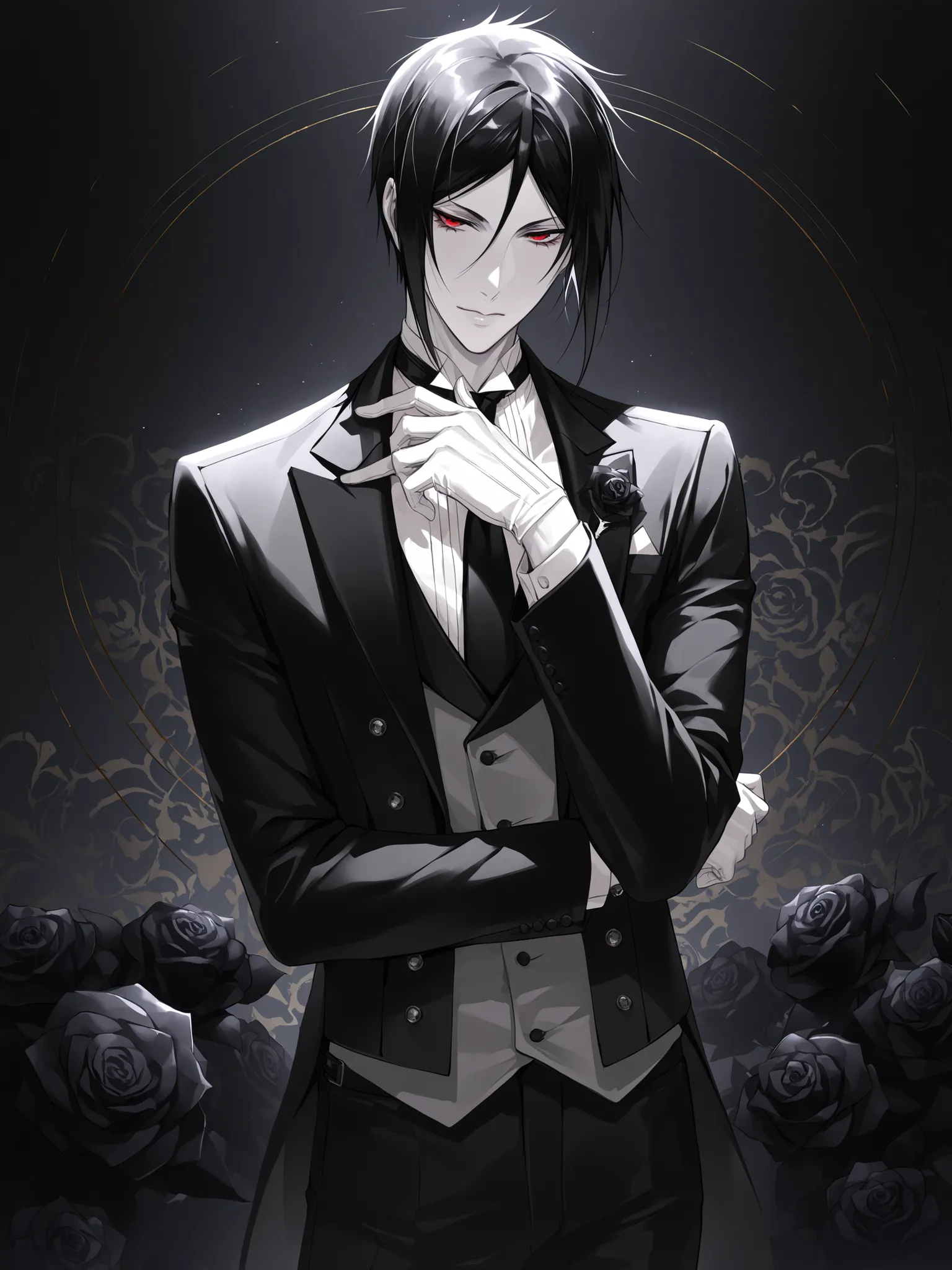bishounen, tsurime, sebastian michaelis, high quality, red eyes, pale skin, black hair, mature male, tall, detailed suit and tie, posing, black rose background