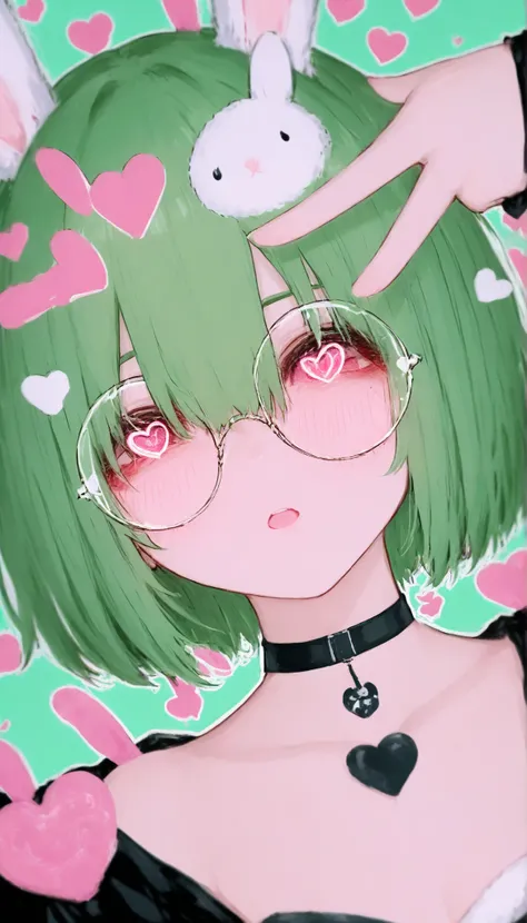 1girl, solo, animal ears, rabbit ears, choker, glasses, round eyewear, green hair, short hair, looking at viewer, hair between eyes, heart, bangs, black choker, dynamic angle, peace sign
