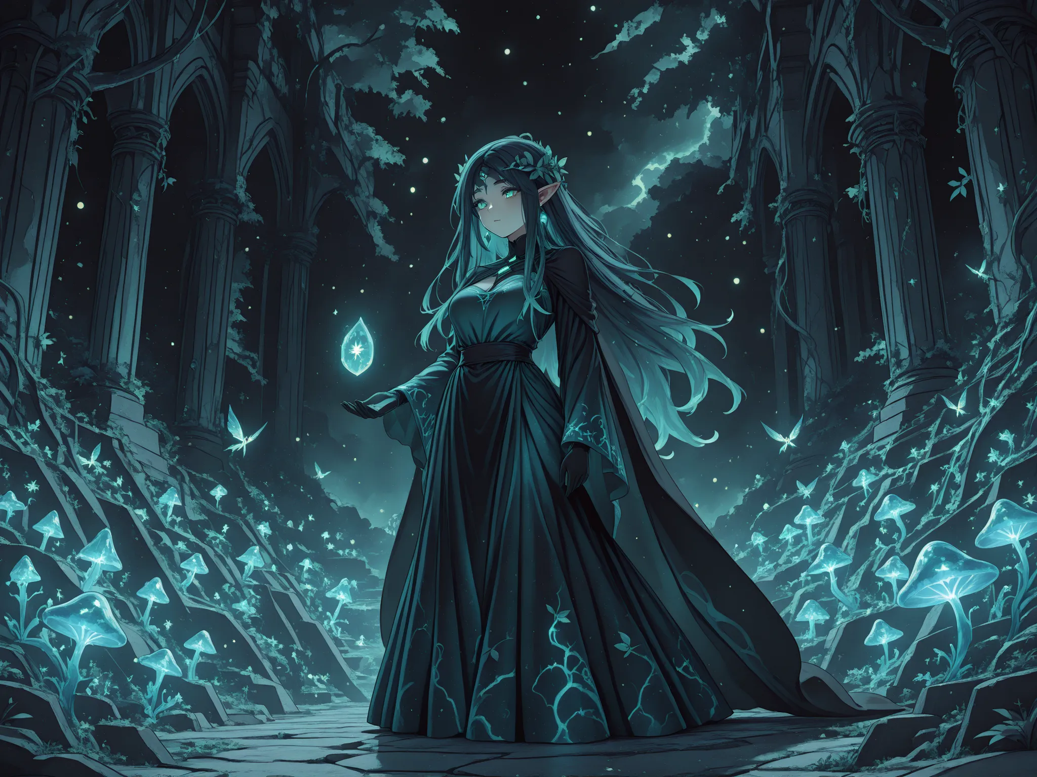 "The Keeper of the Crystal Grove"
A majestic elven priestess stands in the center of a mystical grove. Her long silvery hair shimmer in the moonlight. She is wearing an emerald dress with patterns of leaves and crystals. She holds a glowing crystal, radiat...
