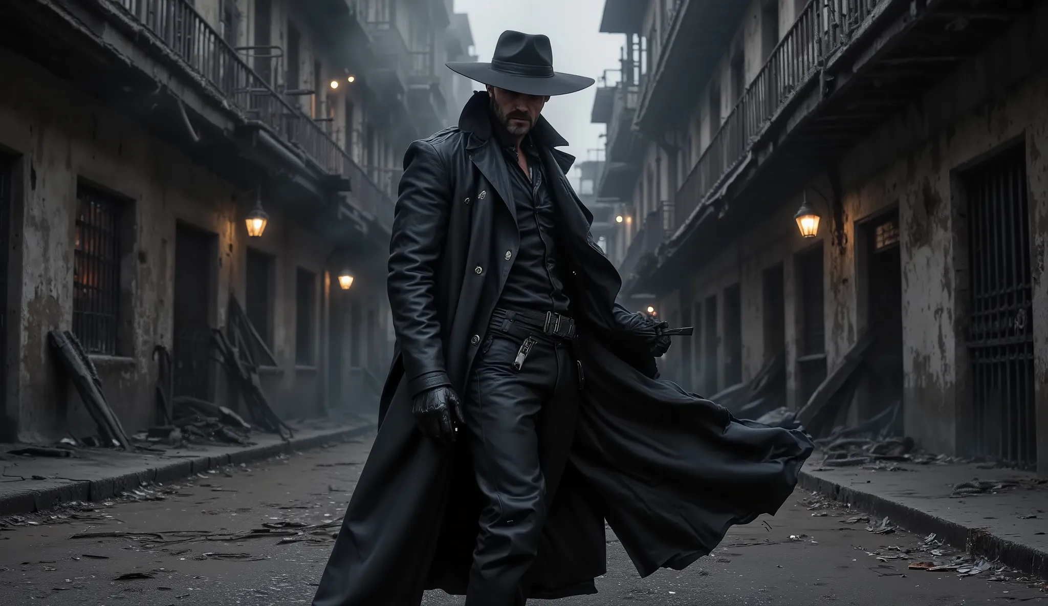 A hyperrealistic, cinematic low-angle shot of JACK CROWLEY, standing imposingly in the shadowy depths of the City of the Dead. His silhouette is framed against a desolate, crumbling cityscape where decaying buildings lean precariously, their windows shatte...