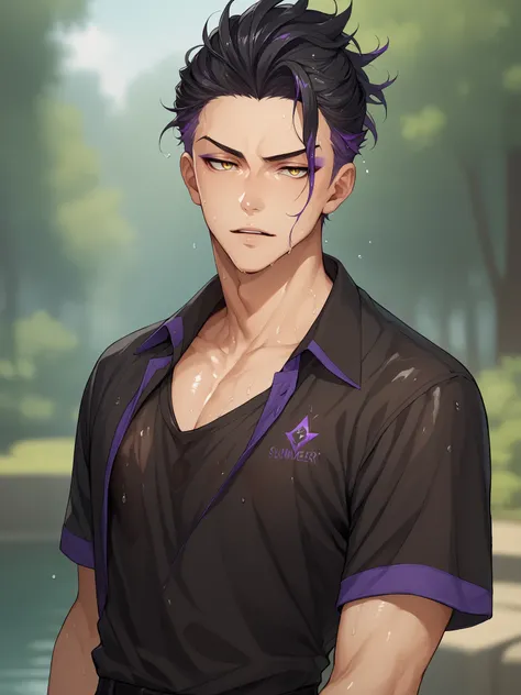 Anime man with thin black hair, yellow sharp eyes, emotionless and cold personality. Has one purple highlight, solo, blurry background, taking shirt off, shirt off, no shirt, sweating, summer heat, hair wet, hair slicked back wet