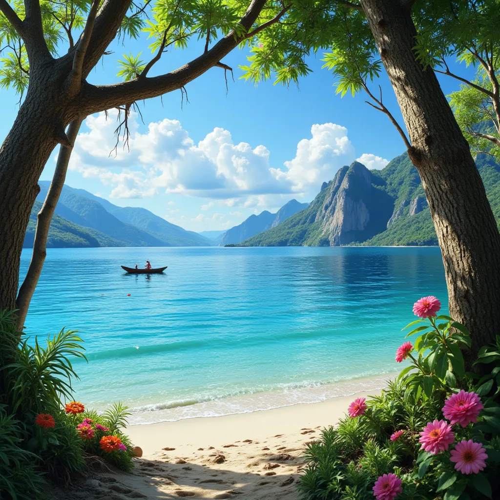 "Portrait of a beautiful ocean with crystal clear waters, Rowing boat, Mountainous landscape, The branches of the trees grow very long to the beach and to the left there is only the ocean, Flowers, Total realism, Touchable realism, Dramatic lighting with vibrant colors, 8k landscape, Ancient structures, Living moss, 4D texture in HD, Calm features with crystal clear waters and waves, Tropical style beauty, Digital 5MP. DSLR Bokeh.