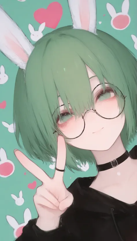1girl, solo, animal ears, rabbit ears, choker, glasses, round eyewear, green hair, short hair, looking at viewer, hair between eyes, heart, bangs, black choker, dynamic angle, peace sign