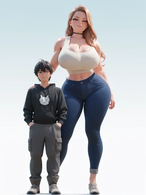 Anime-style full-body artwork of two characters standing side by side. The taller character is a curvy, voluptuous woman with a narrow waist, large chest, and wide hips, matching the exact proportions of a stylized female figure with exaggerated height (ab...