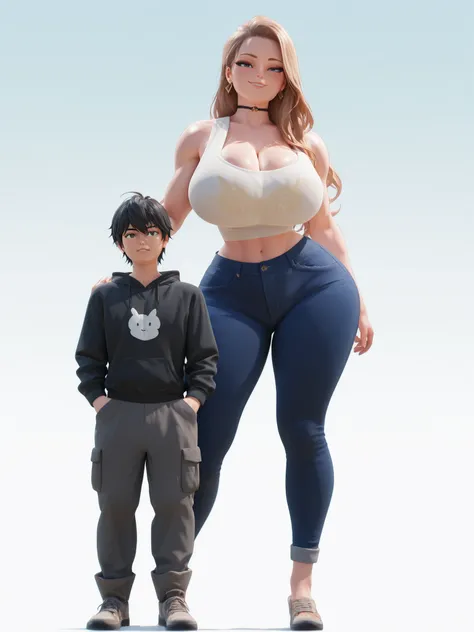 Anime-style full-body artwork of two characters standing side by side. The taller character is a curvy, voluptuous woman with a narrow waist, large chest, and wide hips, matching the exact proportions of a stylized female figure with exaggerated height (ab...