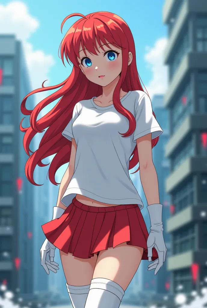 anime style, Fujiko Fujio style, women in their 20s, Android, red hair, straight long hair, no expression, blue eyes, white t-shirt, Red Mini Skirt, white boots, Scenery with buildings, floating in the air