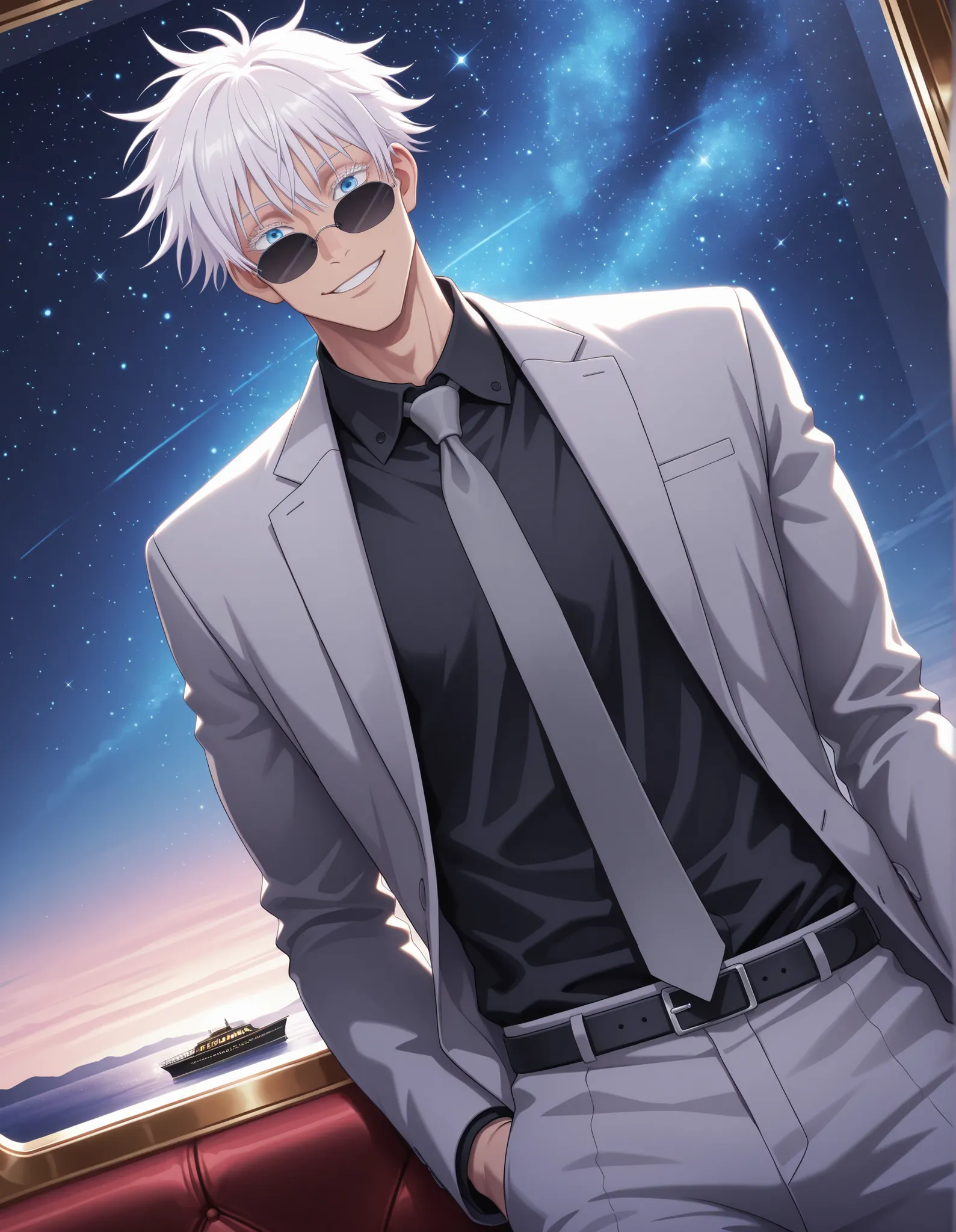 (masterpiece, best quality), amazing quality, very aesthetic, absurdres, highres, newest, HDR, 8K, anime style, cinematic, professional lighting, backlighting, dynamic angle, 1man,adult, male focus, smile, gojou satoru, jujutsu kaisen, blue eyes, colored e...