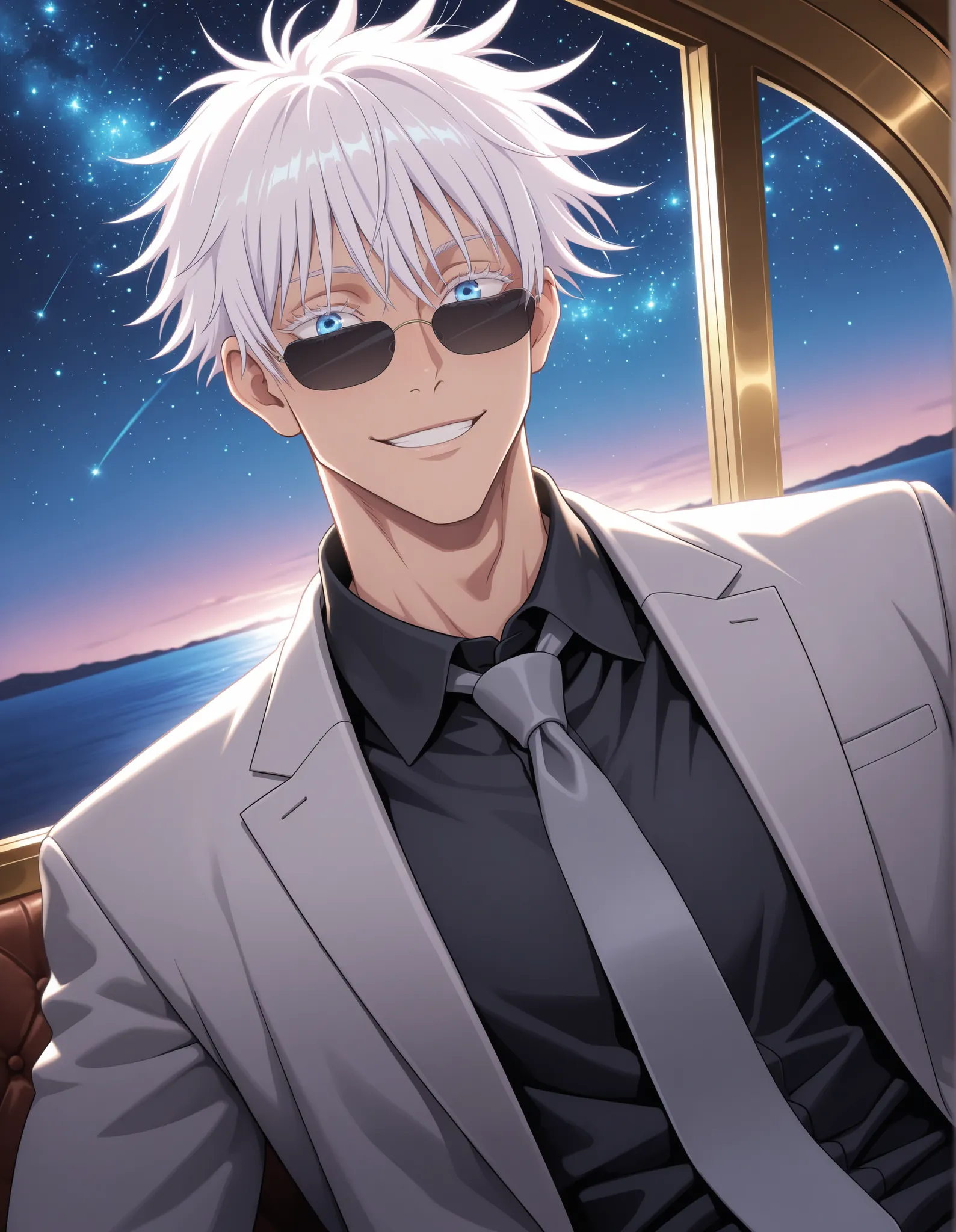 (masterpiece, best quality), amazing quality, very aesthetic, absurdres, highres, newest, HDR, 8K, anime style, cinematic, professional lighting, backlighting, dynamic angle, 1man,adult, male focus, smile, gojou satoru, jujutsu kaisen, blue eyes, colored e...