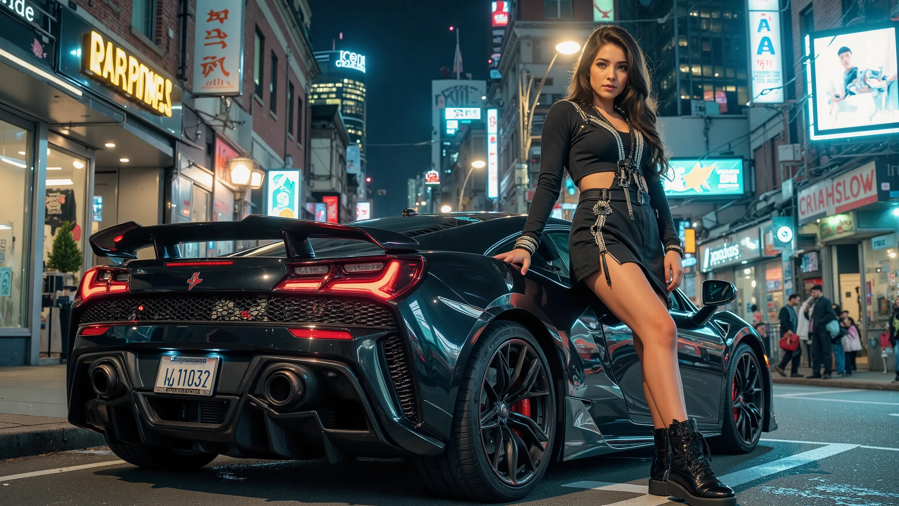 A photo of a young woman standing in a futuristic city, posing, leaning on a futuristic sports car (the car's brand name is "Dream Diffusion" and the car's model name is "Anime"), in a western futuristic city at night. She wears a futuristic outfit (adorne...