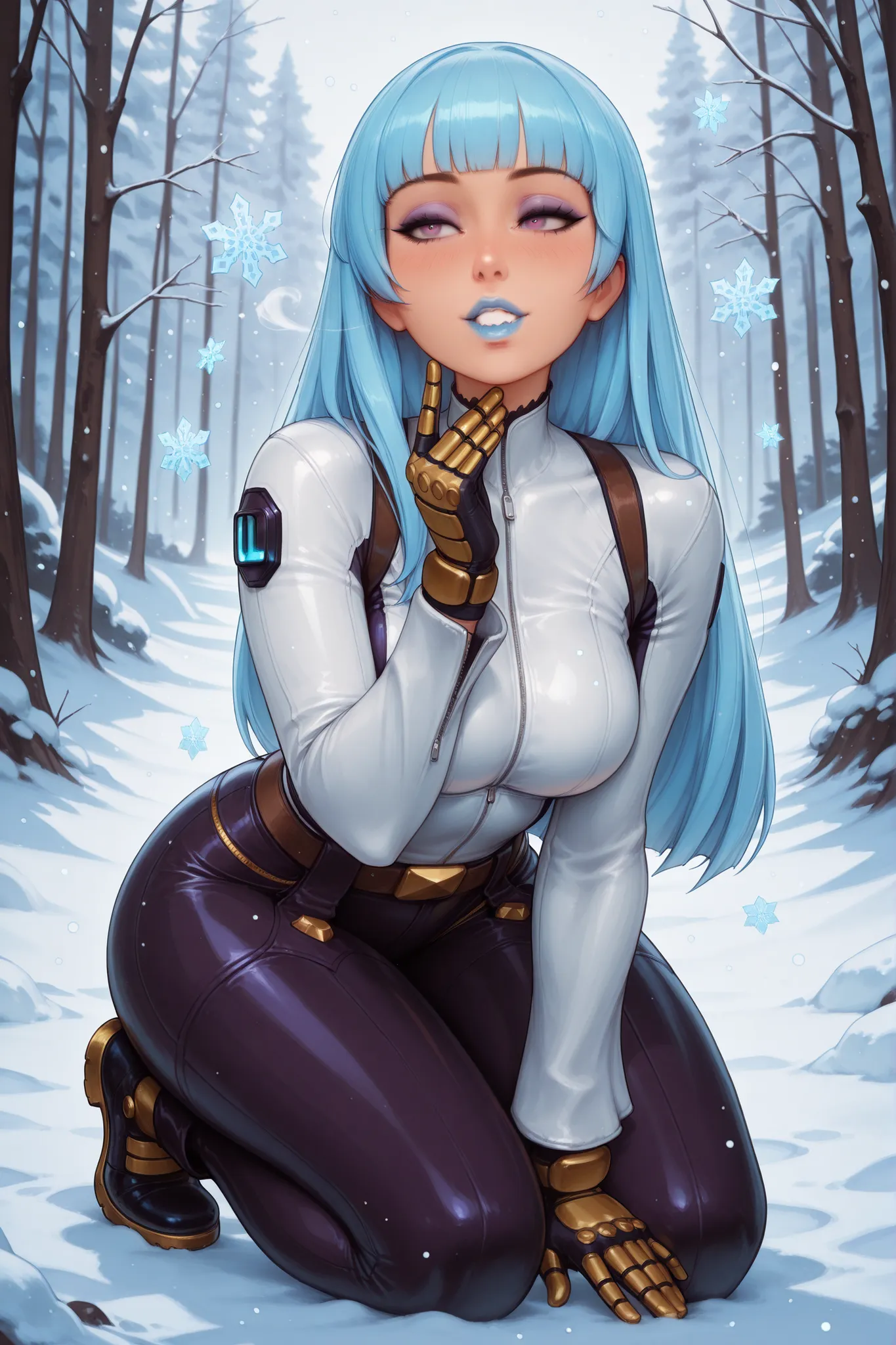 masterpiece, best quality, absurdres, newest, very aesthetic, amazing quality,highres, Kula Diamond \(king of fighters\), blue hair, hime cut, purple eyes, gloves, (1girl), (detailed face:1.2), (detailed eyes:1.3), black eyeliner,purple eyeshadow, blue lip...