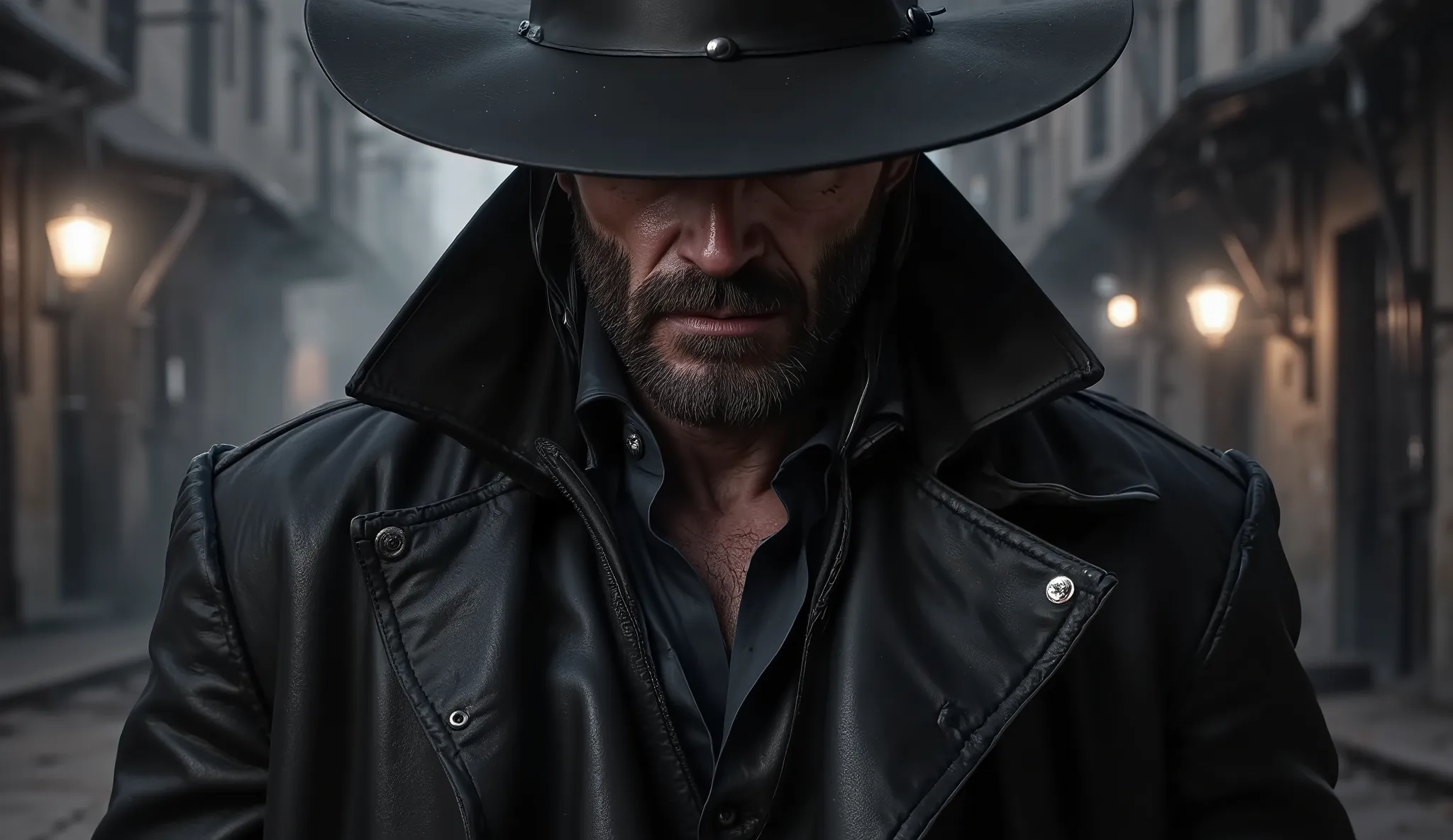 A hyperrealistic, cinematic low-angle close-up shot of JACK CROWLEY, his face shadowed beneath the wide brim of a black hat, the edge catching faint light that highlights the hard lines of his jaw and the subtle scars etched into his skin. His expression i...