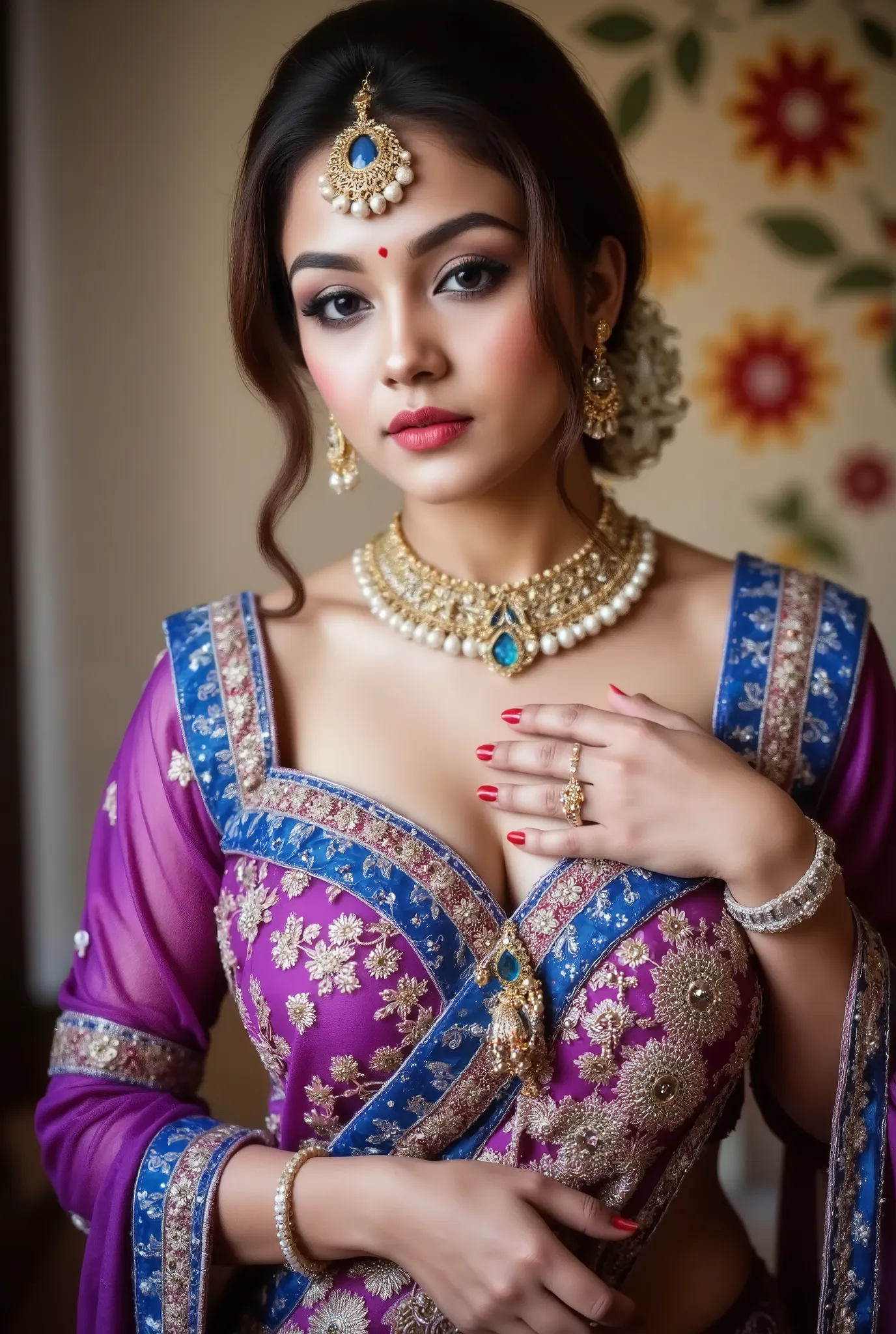 A close-up, high-resolution image of a woman adorned in traditional Indian bridal attire. The focus is on her upper body, showcasing intricate details of her jewelry and clothing. She wears a revealing vibrant purple lehenga heavily embellished with gold a...