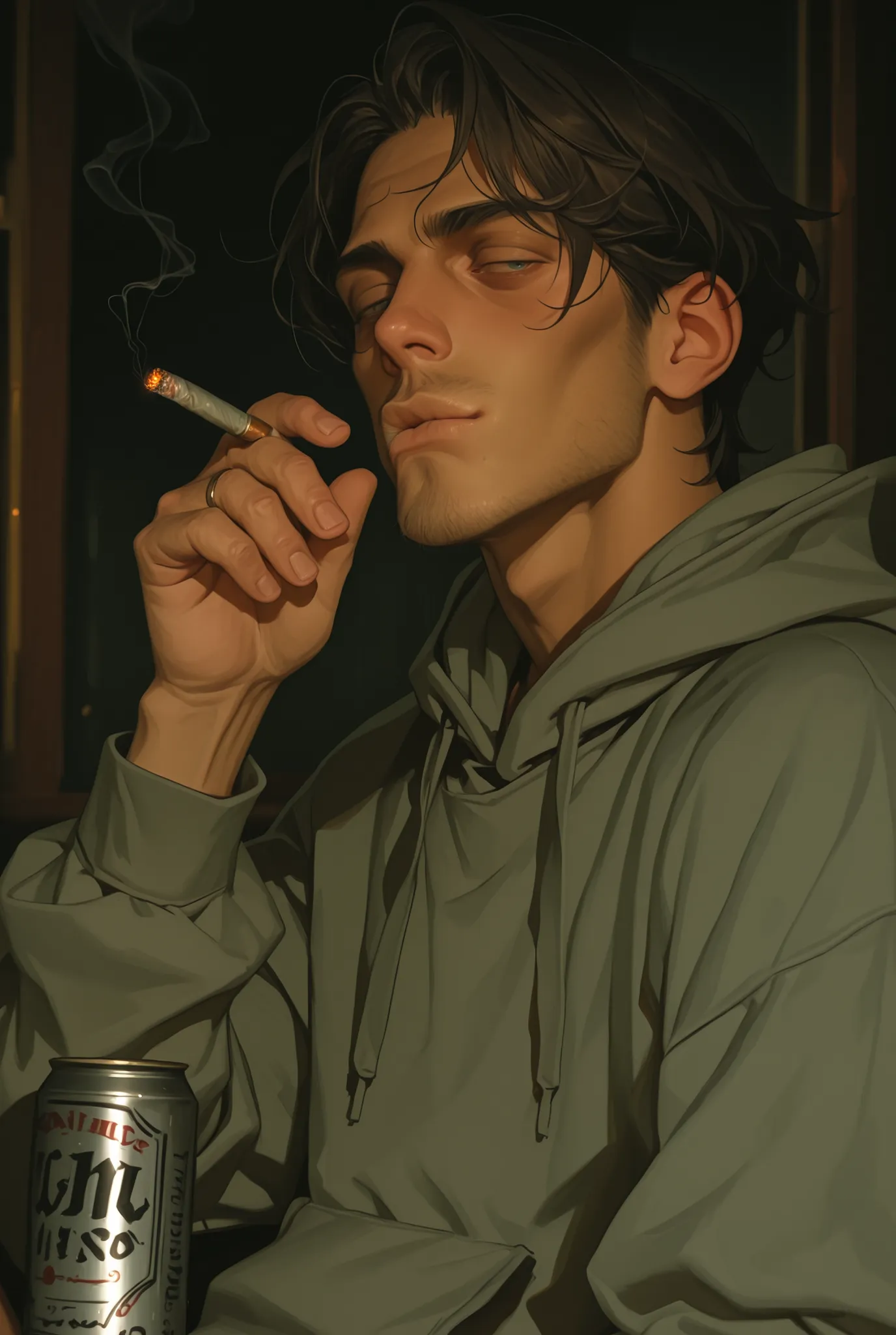 A man in his 30s wearing a hooded hoodie wearing a hood, holding a cigarette in his mouth, and holding a can of alcohol in his hand feels slightly dark