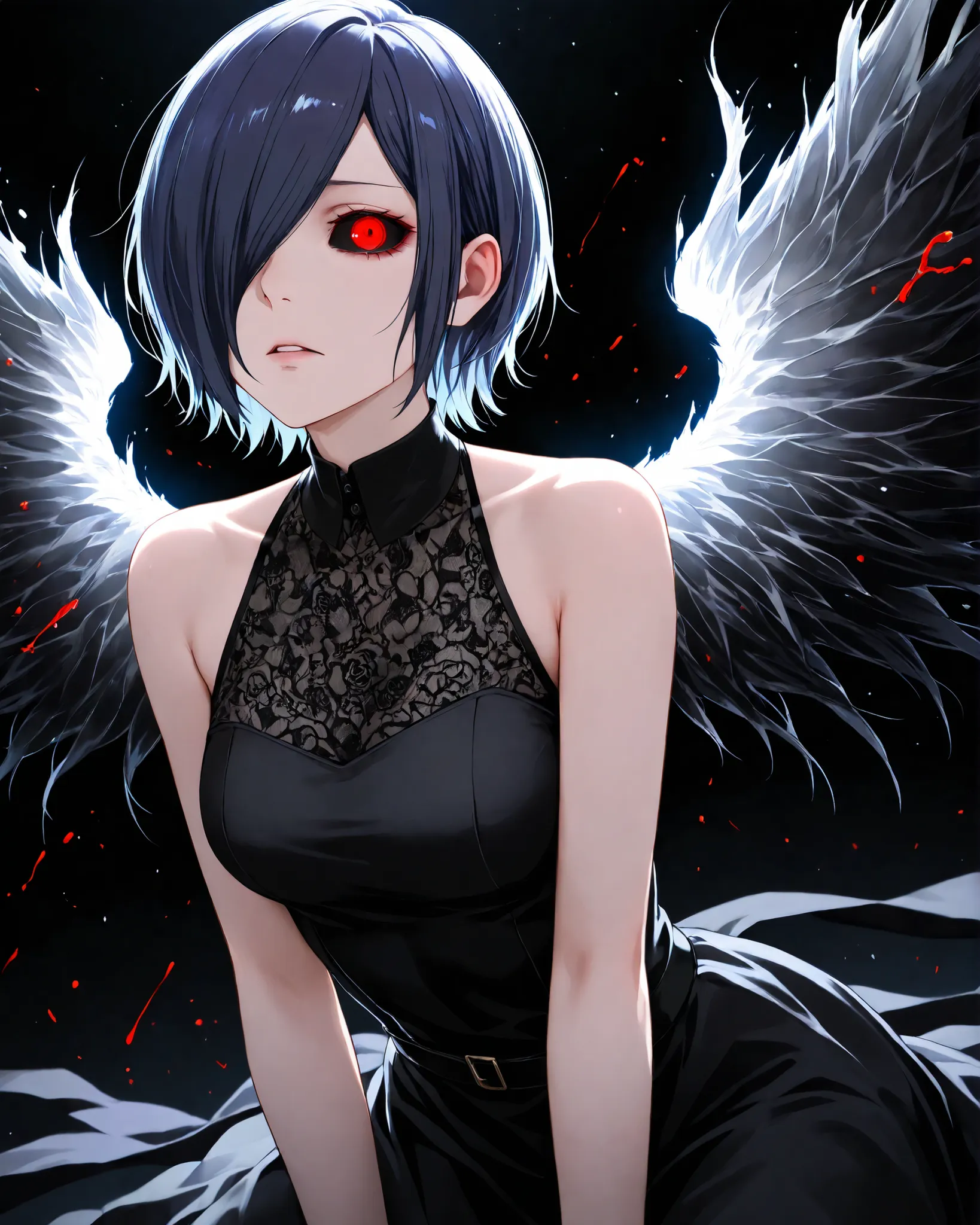 highly detailed, ultra-detailed, finely crafted features, glowing lighting,  photorealistic, Moody Atmosphere, 8k, masterpiece, Kirishima touka , Tokyo ghoul , anime girl , Beautiful face , beautiful skin , blue-purple hair , Short hair , Touka Kirishima h...