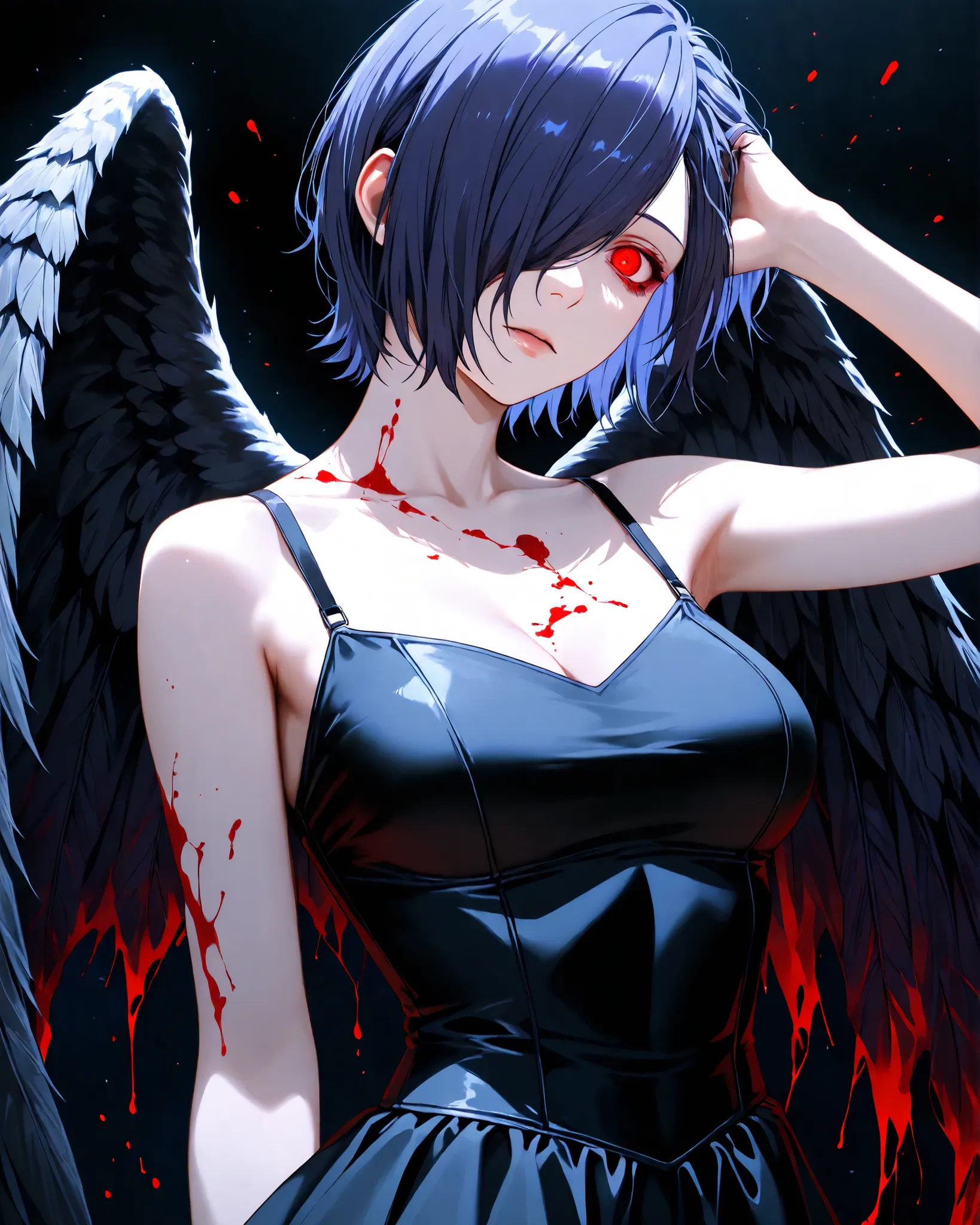 highly detailed, ultra-detailed, finely crafted features, glowing lighting,  photorealistic, Moody Atmosphere, 8k, masterpiece, Kirishima touka , Tokyo ghoul , anime girl , Beautiful face , beautiful skin , blue-purple hair , Short hair , Touka Kirishima h...