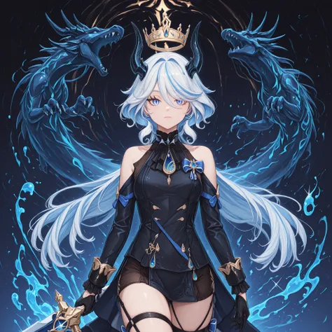 Sozinho, 1 menina, facing the viewer, Furina's hairstyle from "Genshin Impact", rosto de Furina de "Genshin Impact", olhos azuis, franja longa, anatomia perfeita, estudante, black horns of Reed de "arknights", Long black horns, fierce face, rosto provocant...